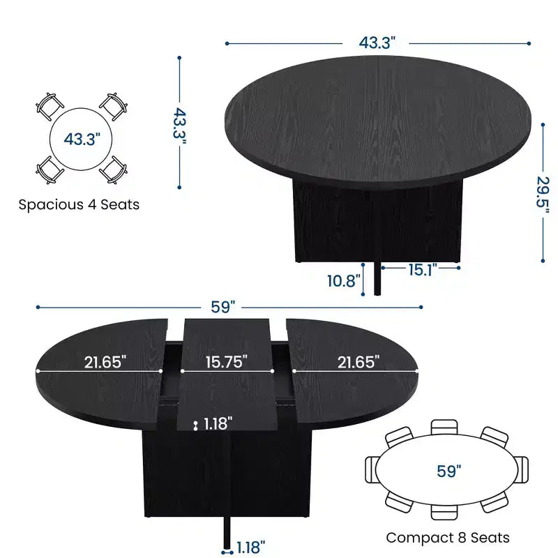 Sleek Extendable Dining Table, Transforms from Round to Oval (43.3-59), Comfortably Seats 4 to 8 Guests