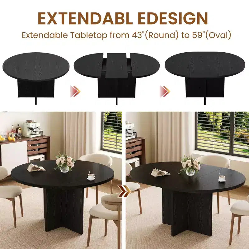 Sleek Extendable Dining Table, Transforms from Round to Oval (43.3-59), Comfortably Seats 4 to 8 Guests