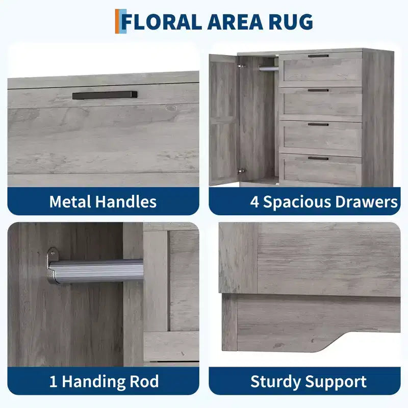 Wardrobe Closet, 43.3'' H Wood Armoire with 4 Drawers & Hanging Rod, Natural Oak Gray