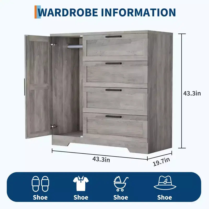 Wardrobe Closet, 43.3'' H Wood Armoire with 4 Drawers & Hanging Rod, Natural Oak Gray