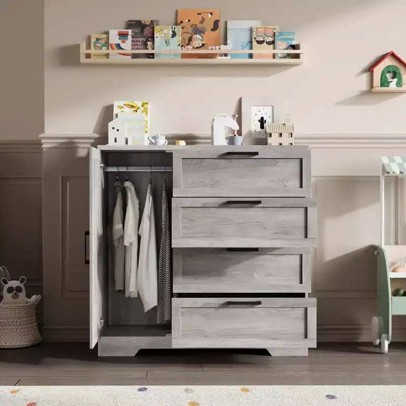 Wardrobe Closet, 43.3'' H Wood Armoire with 4 Drawers & Hanging Rod, Natural Oak Gray