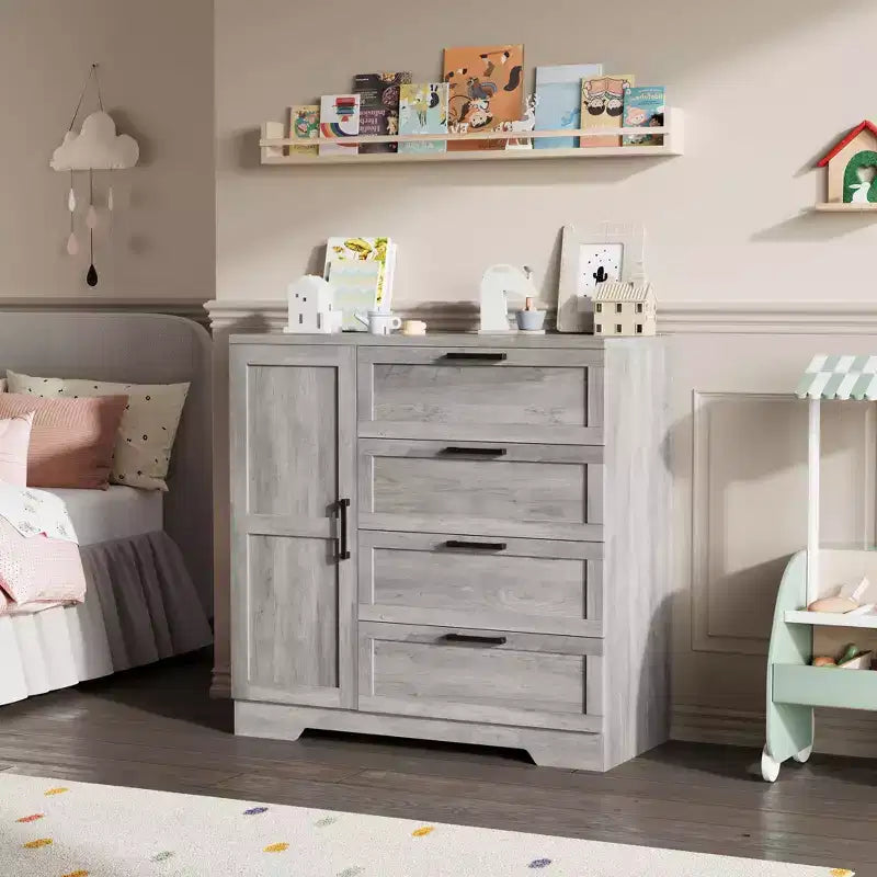 Wardrobe Closet, 43.3'' H Wood Armoire with 4 Drawers & Hanging Rod, Natural Oak Gray
