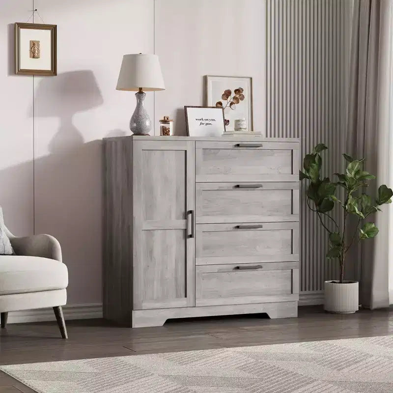 Wardrobe Closet, 43.3'' H Wood Armoire with 4 Drawers & Hanging Rod, Natural Oak Gray
