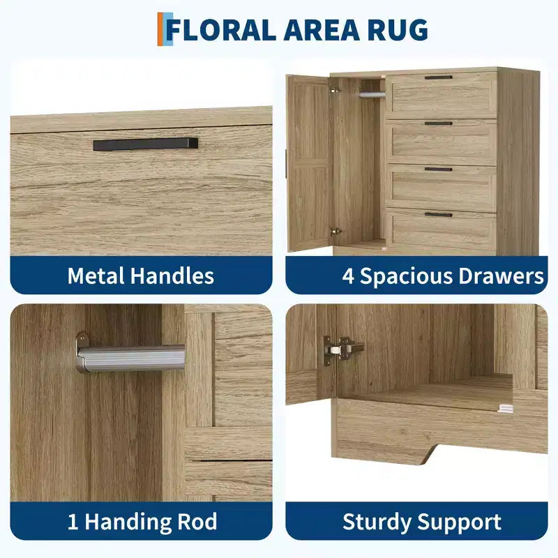Wardrobe Closet, 43.3'' H Wood Armoire with 4 Drawers & Hanging Rod, Natural Oak Gray
