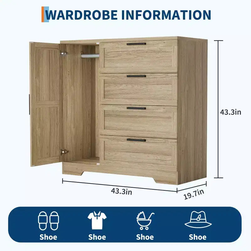 Wardrobe Closet, 43.3'' H Wood Armoire with 4 Drawers & Hanging Rod, Natural Oak Gray