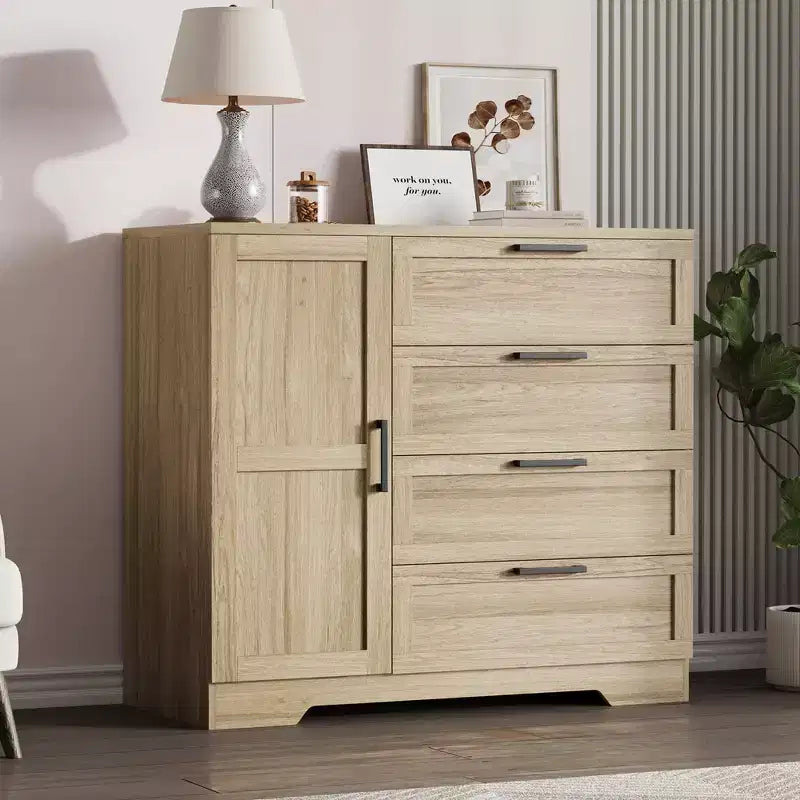 Wardrobe Closet, 43.3'' H Wood Armoire with 4 Drawers & Hanging Rod, Natural Oak Gray