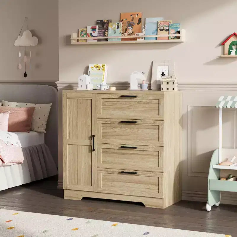 Wardrobe Closet, 43.3'' H Wood Armoire with 4 Drawers & Hanging Rod, Natural Oak Gray