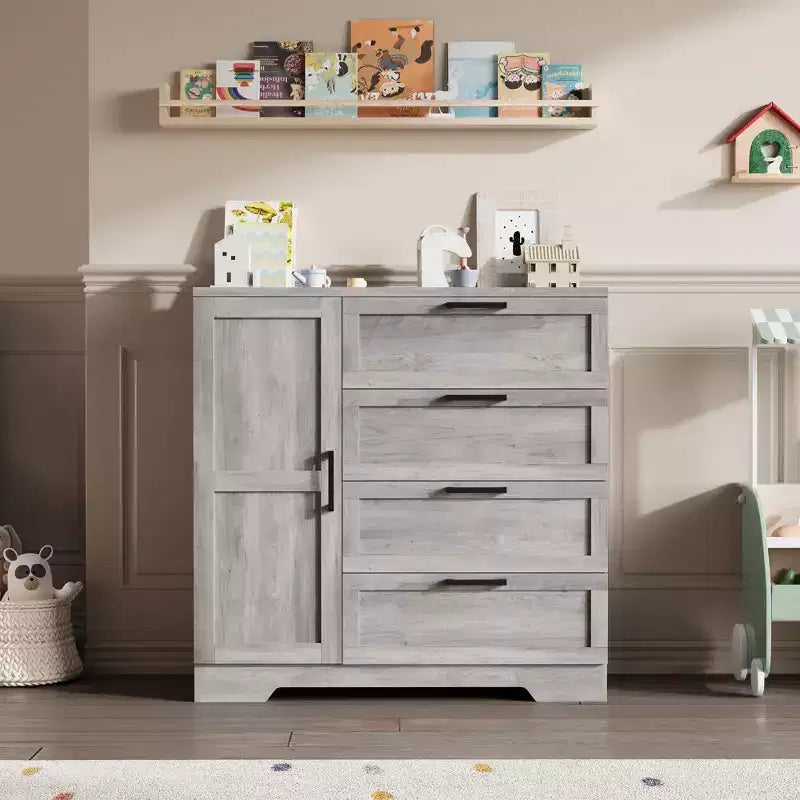 Wardrobe Closet, 43.3'' H Wood Armoire with 4 Drawers & Hanging Rod, Natural Oak Gray