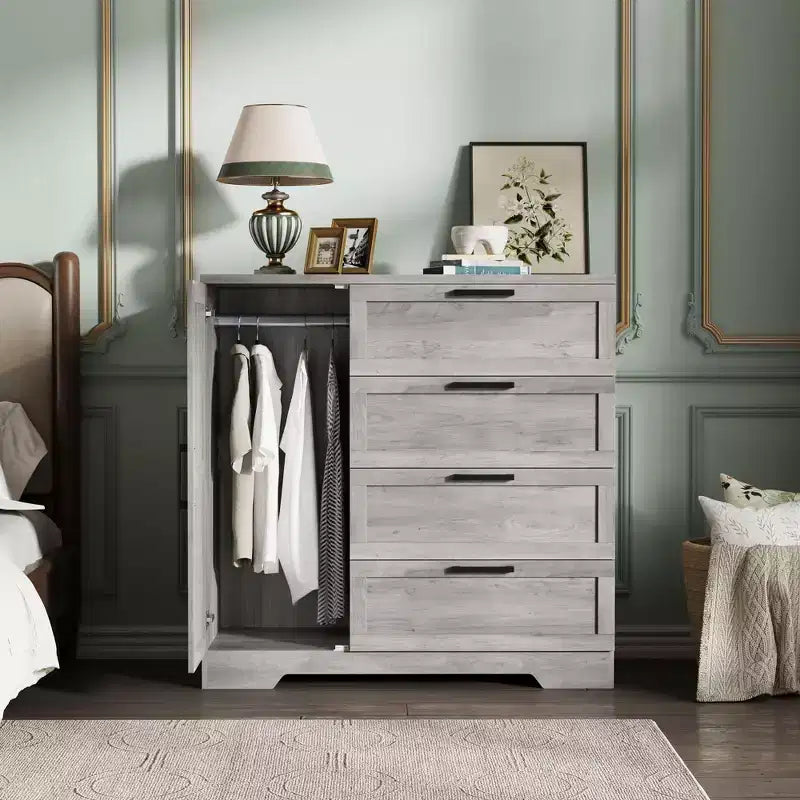 Wardrobe Closet, 43.3'' H Wood Armoire with 4 Drawers & Hanging Rod, Natural Oak Gray