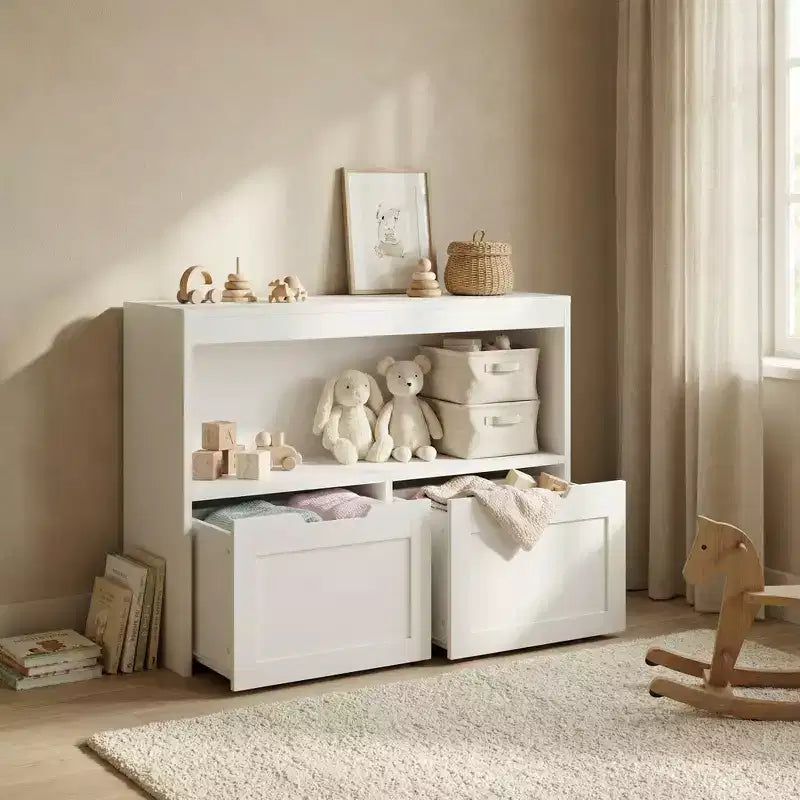 JVNOXK Multi-Functional Storage Unit with 2 Drawers and Open Shelves, offering ample storage spacethe perfect choice for your living room, White