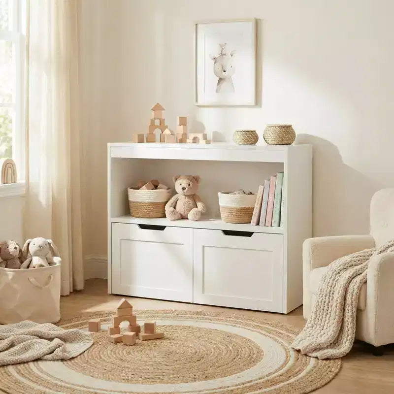 JVNOXK Multi-Functional Storage Unit with 2 Drawers and Open Shelves, offering ample storage spacethe perfect choice for your living room, White