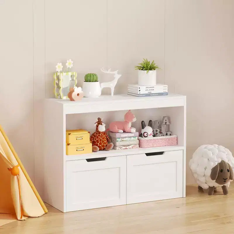 JVNOXK Multi-Functional Storage Unit with 2 Drawers and Open Shelves, offering ample storage spacethe perfect choice for your living room, White