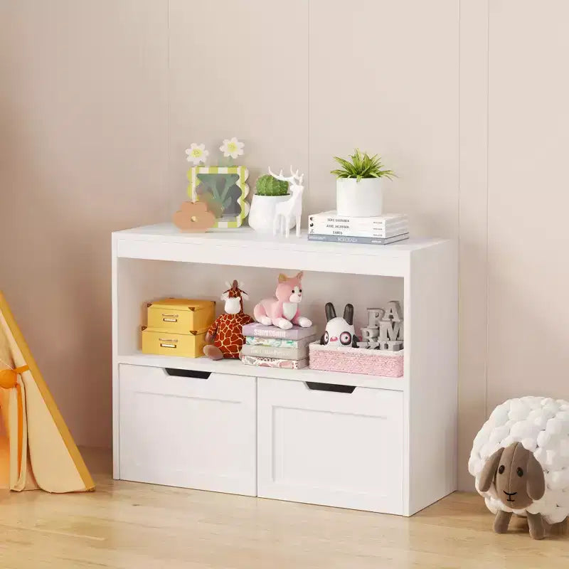 JVNOXK Multi-Functional Storage Unit with 2 Drawers and Open Shelves, offering ample storage spacethe perfect choice for your living room, White