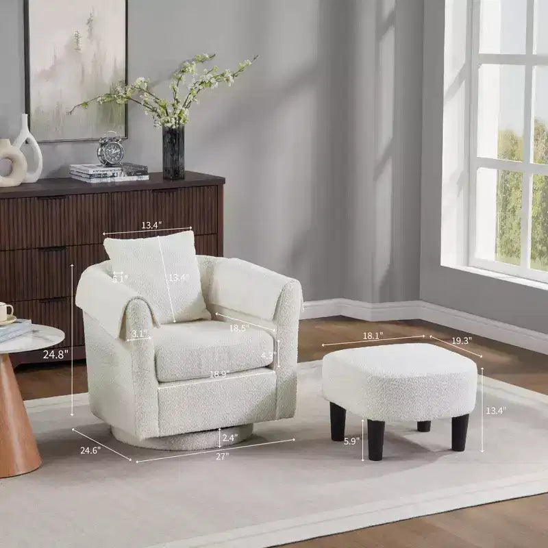 FurnitureR Swivel Accent Chair with Ottoman Set, Upholstered Lounge Chair and Footrest, Modern Cozy Armchair for Living Room, Bedroom, Reading Corner