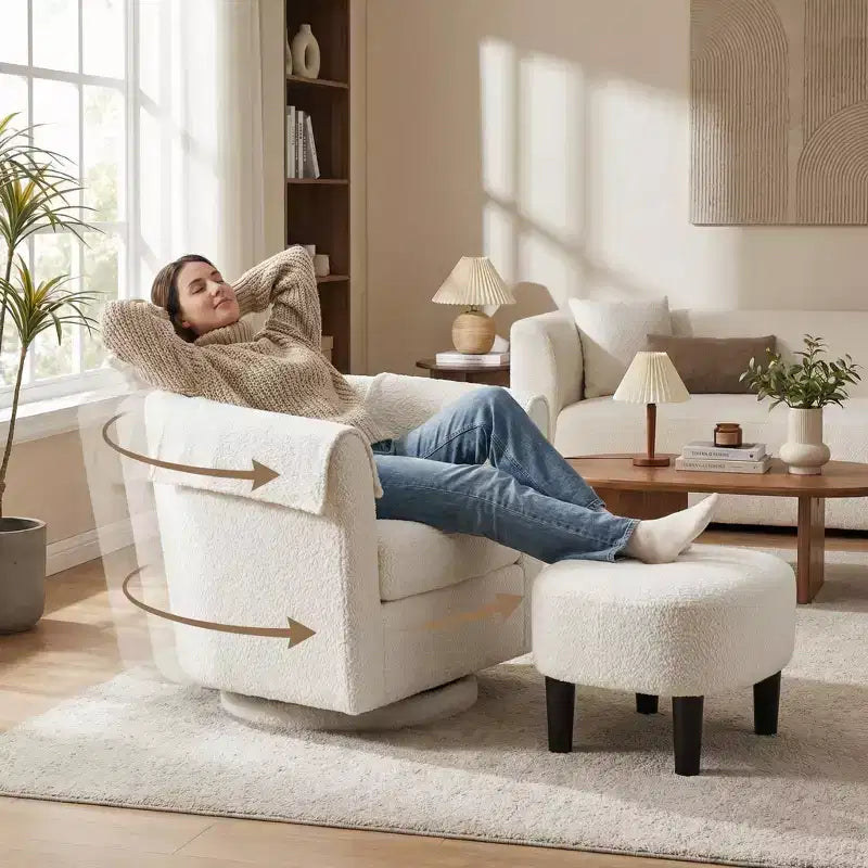 FurnitureR Swivel Accent Chair with Ottoman Set, Upholstered Lounge Chair and Footrest, Modern Cozy Armchair for Living Room, Bedroom, Reading Corner