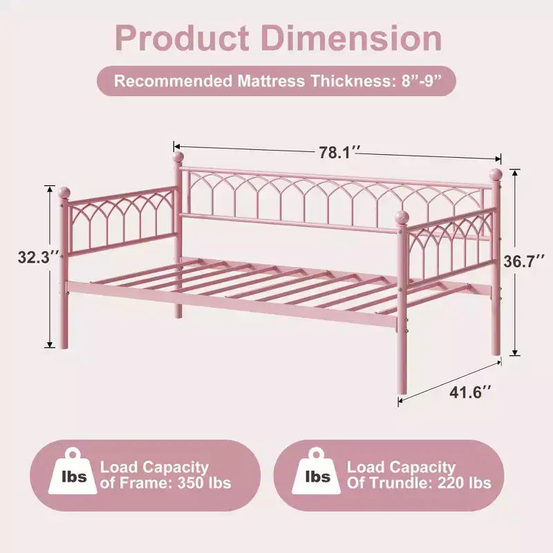 COZONY Twin Size Daybed / Trundle Bed Frame, Steel Slat Support, Locking Wheels, Pink