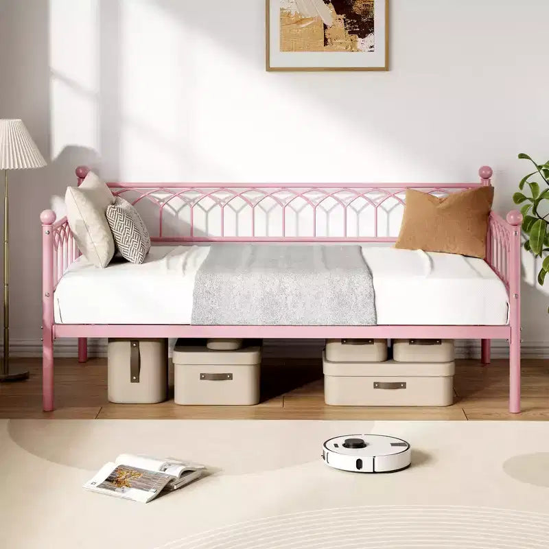 COZONY Twin Size Daybed / Trundle Bed Frame, Steel Slat Support, Locking Wheels, Pink