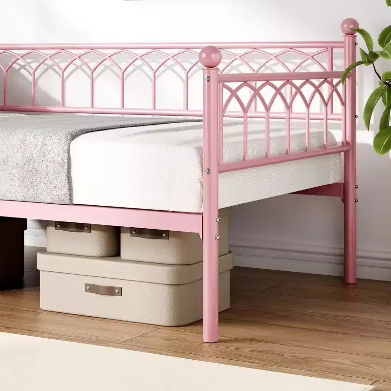 COZONY Twin Size Daybed / Trundle Bed Frame, Steel Slat Support, Locking Wheels, Pink