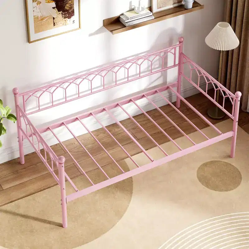 COZONY Twin Size Daybed / Trundle Bed Frame, Steel Slat Support, Locking Wheels, Pink