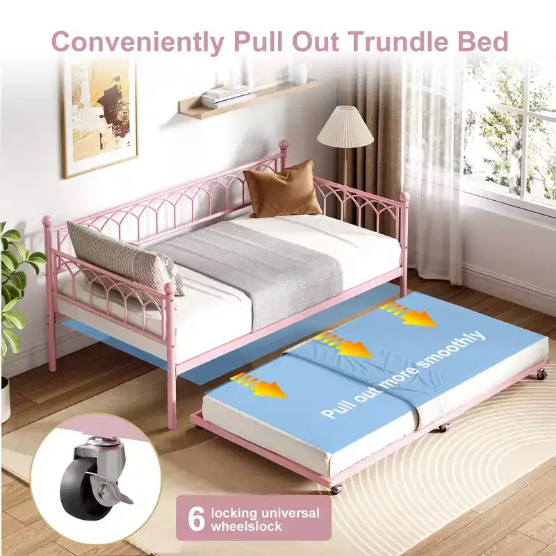 COZONY Twin Size Daybed / Trundle Bed Frame, Steel Slat Support, Locking Wheels, Pink