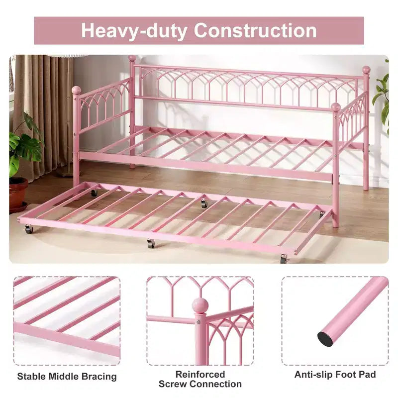 COZONY Twin Size Daybed / Trundle Bed Frame, Steel Slat Support, Locking Wheels, Pink