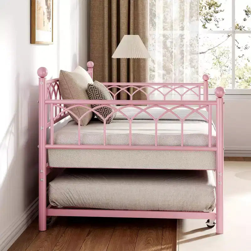 COZONY Twin Size Daybed / Trundle Bed Frame, Steel Slat Support, Locking Wheels, Pink