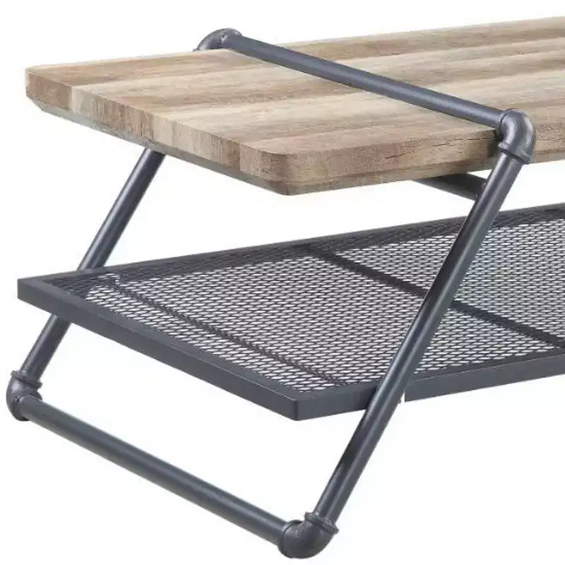 HomeRoots 47 Natural and Gray Metal Sled Coffee Table With Shelf