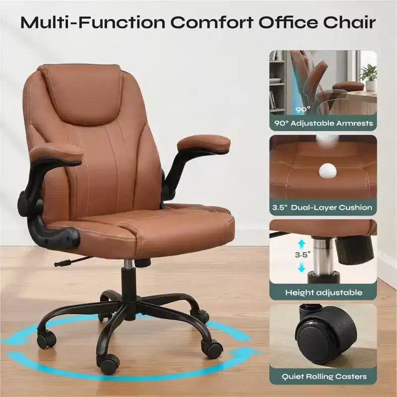 Pinmoco Ergonomic Executive Computer Desk Chair with Double-Layer Cushion, Gaming Chair with Wheels and Flip-Up Armrest, PU Leather