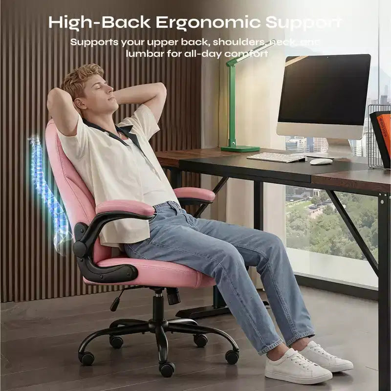 Pinmoco Ergonomic Executive Computer Desk Chair with Double-Layer Cushion, Gaming Chair with Wheels and Flip-Up Armrest, PU Leather