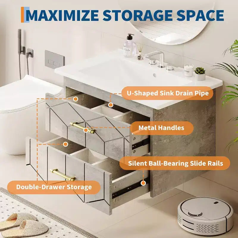 30 Floating Bathroom Vanity with Sink Combo - Ceramic Basin, 2 Soft-Close Drawers with Gold Handles, Easy Assembly