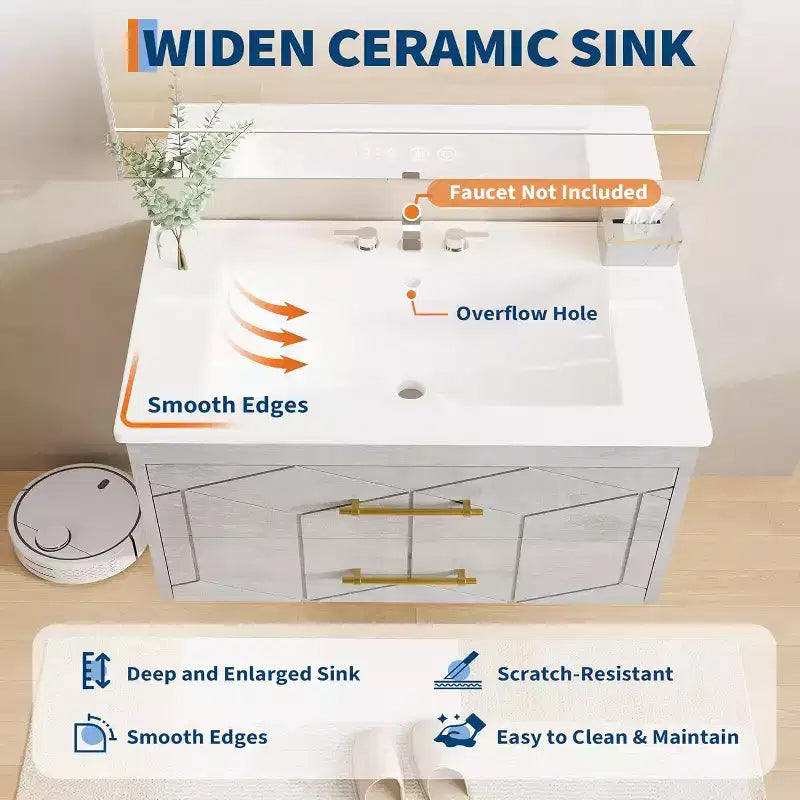 30 Floating Bathroom Vanity with Sink Combo - Ceramic Basin, 2 Soft-Close Drawers with Gold Handles, Easy Assembly