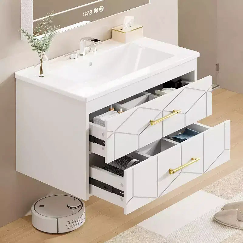 30 Floating Bathroom Vanity with Sink Combo - Ceramic Basin, 2 Soft-Close Drawers with Gold Handles, Easy Assembly