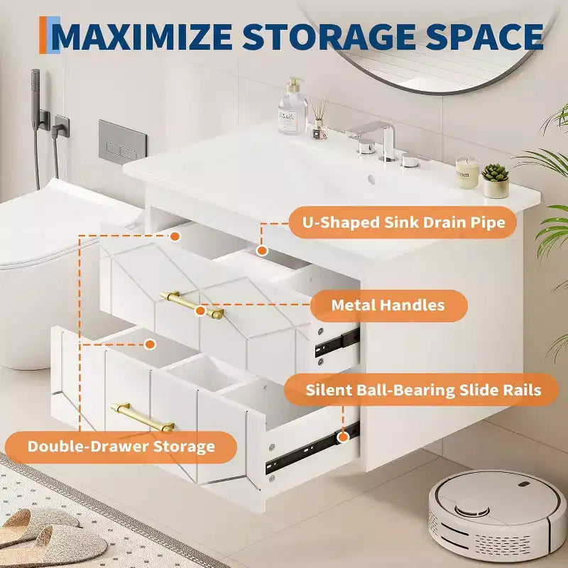 30 Floating Bathroom Vanity with Sink Combo - Ceramic Basin, 2 Soft-Close Drawers with Gold Handles, Easy Assembly