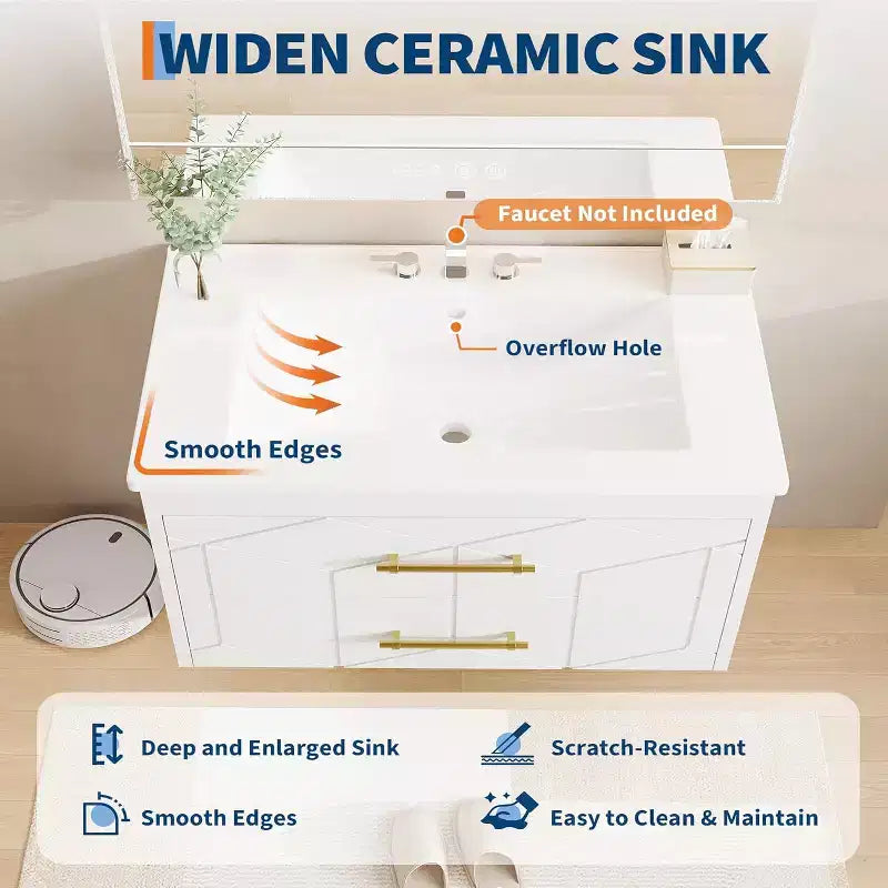 30 Floating Bathroom Vanity with Sink Combo - Ceramic Basin, 2 Soft-Close Drawers with Gold Handles, Easy Assembly