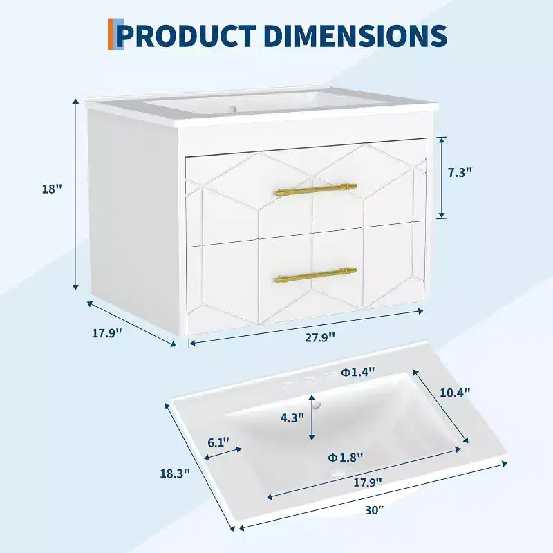30 Floating Bathroom Vanity with Sink Combo - Ceramic Basin, 2 Soft-Close Drawers with Gold Handles, Easy Assembly