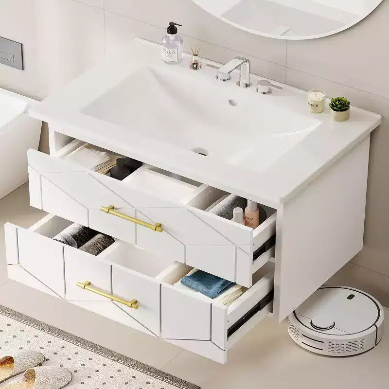 30 Floating Bathroom Vanity with Sink Combo - Ceramic Basin, 2 Soft-Close Drawers with Gold Handles, Easy Assembly