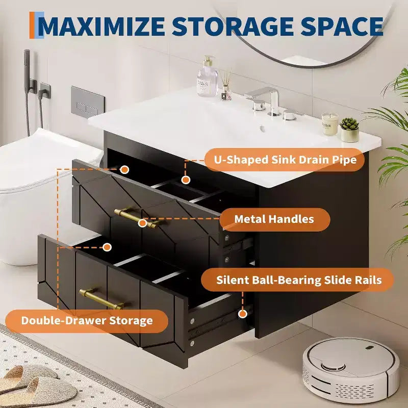 30 Floating Bathroom Vanity with Sink Combo - Ceramic Basin, 2 Soft-Close Drawers with Gold Handles, Easy Assembly