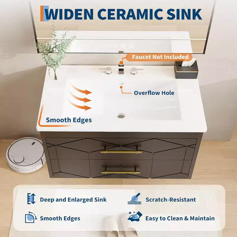 30 Floating Bathroom Vanity with Sink Combo - Ceramic Basin, 2 Soft-Close Drawers with Gold Handles, Easy Assembly