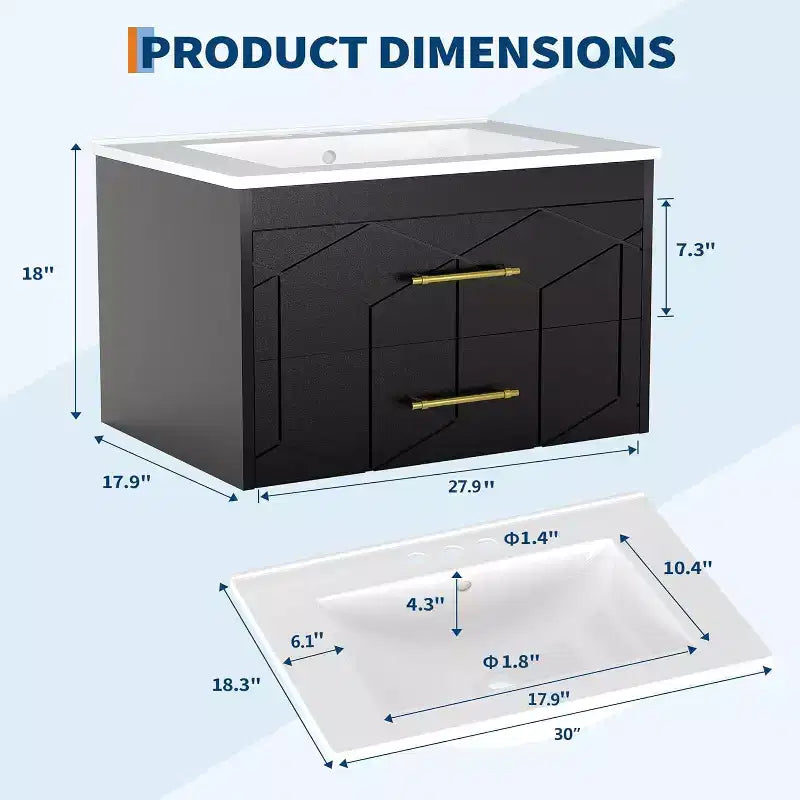 30 Floating Bathroom Vanity with Sink Combo - Ceramic Basin, 2 Soft-Close Drawers with Gold Handles, Easy Assembly