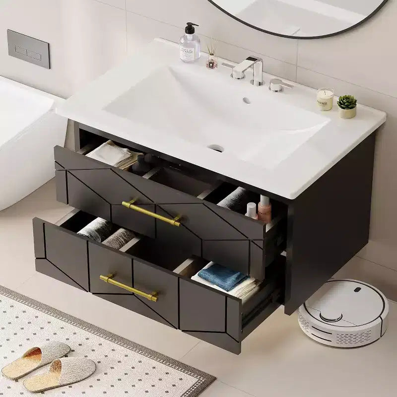 30 Floating Bathroom Vanity with Sink Combo - Ceramic Basin, 2 Soft-Close Drawers with Gold Handles, Easy Assembly