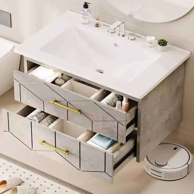 30 Floating Bathroom Vanity with Sink Combo - Ceramic Basin, 2 Soft-Close Drawers with Gold Handles, Easy Assembly