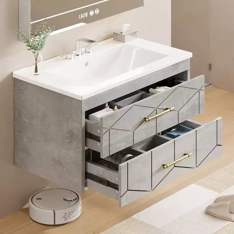 30 Floating Bathroom Vanity with Sink Combo - Ceramic Basin, 2 Soft-Close Drawers with Gold Handles, Easy Assembly
