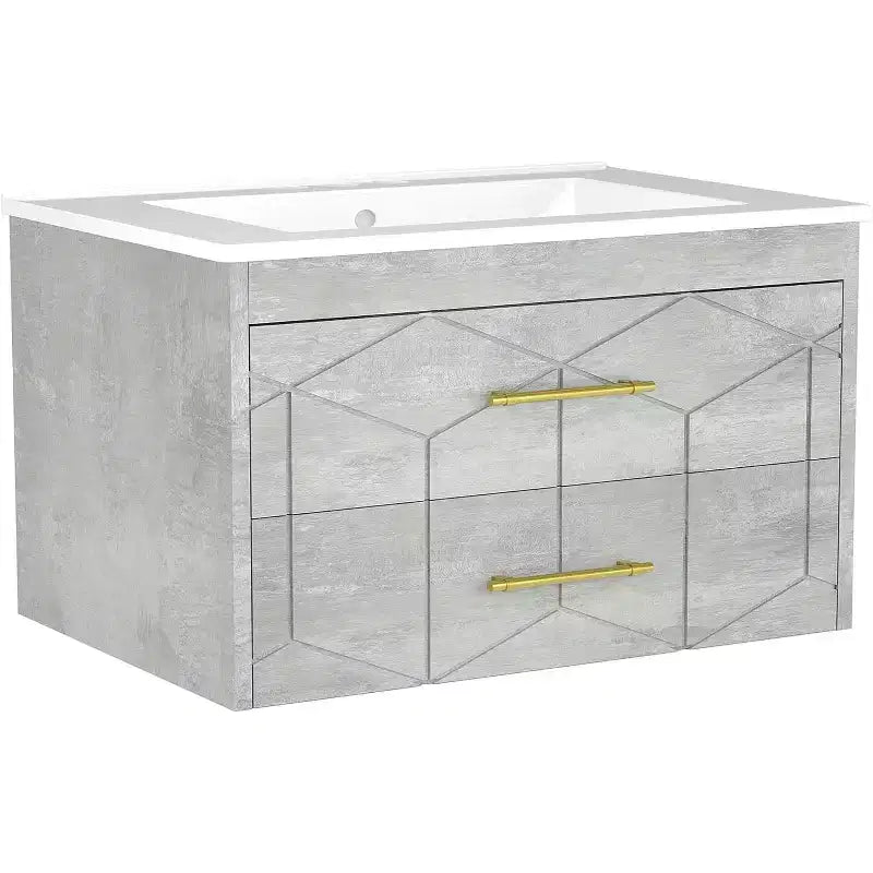 30 Floating Bathroom Vanity with Sink Combo - Ceramic Basin, 2 Soft-Close Drawers with Gold Handles, Easy Assembly