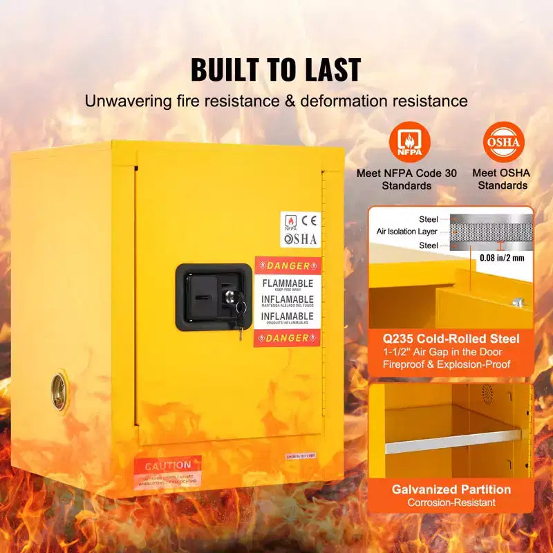 VEVOR Flammable Safety Cabinet, 12 Gal, Cold-Rolled Steel Flammable Liquid Storage Cabinet, 16.9 x 16.9 x 22 in Explosion Proof, Yellow