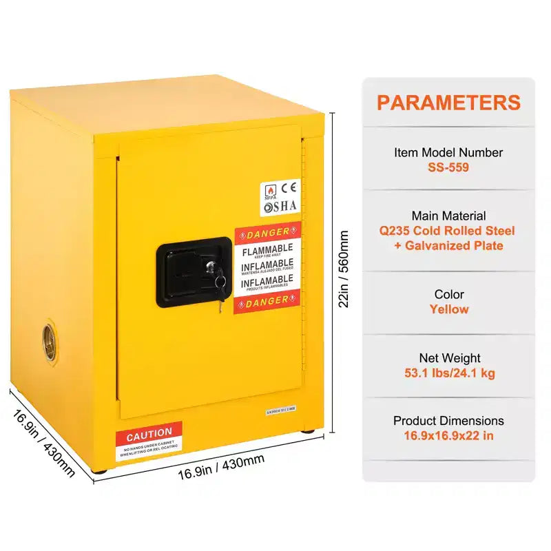 VEVOR Flammable Safety Cabinet, 12 Gal, Cold-Rolled Steel Flammable Liquid Storage Cabinet, 16.9 x 16.9 x 22 in Explosion Proof, Yellow
