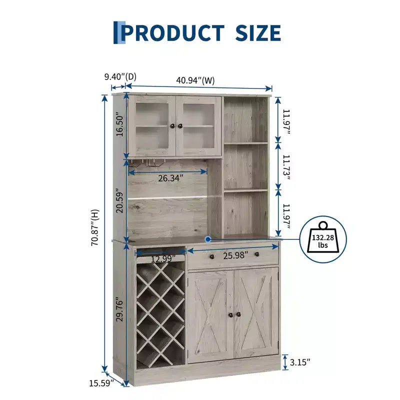 Kitchen Hutch Cabinet with Storage, White & Light Walnut Top, Acrylic Double Doors, Pantry Organizer for Dining Room & Kitchen Storage