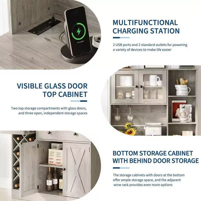 Kitchen Hutch Cabinet with Storage, White & Light Walnut Top, Acrylic Double Doors, Pantry Organizer for Dining Room & Kitchen Storage