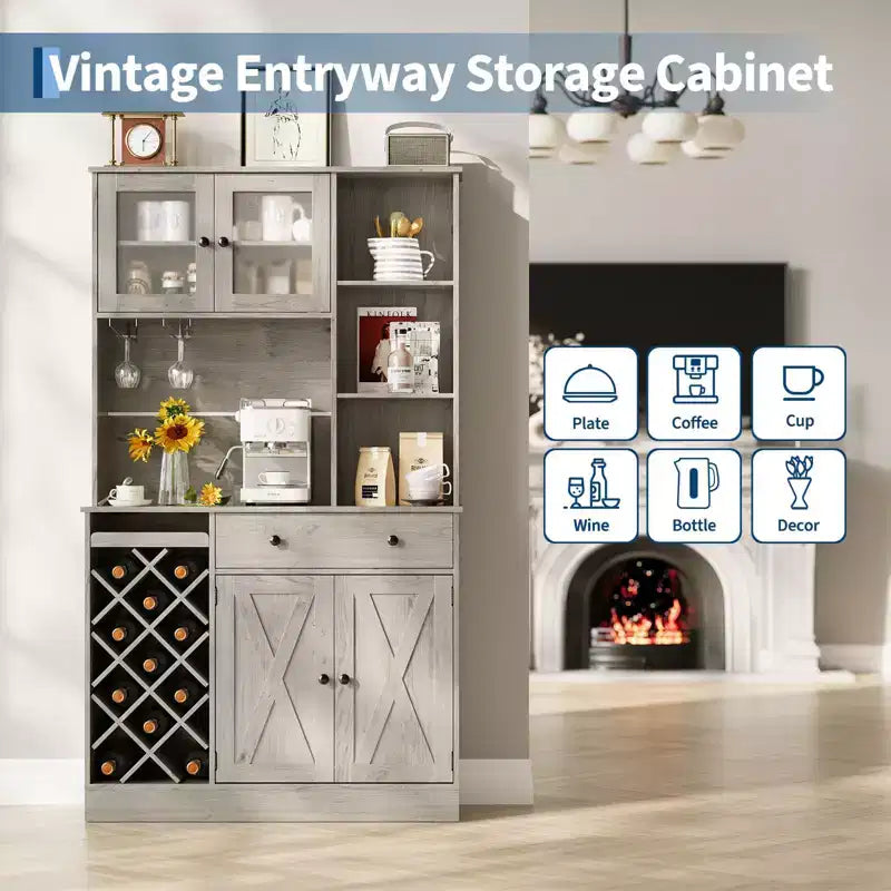 Kitchen Hutch Cabinet with Storage, White & Light Walnut Top, Acrylic Double Doors, Pantry Organizer for Dining Room & Kitchen Storage