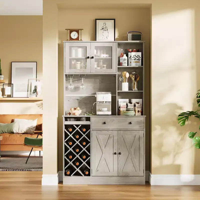 Kitchen Hutch Cabinet with Storage, White & Light Walnut Top, Acrylic Double Doors, Pantry Organizer for Dining Room & Kitchen Storage