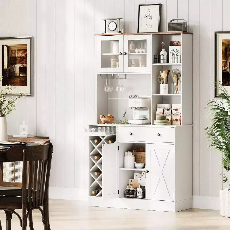 Kitchen Hutch Cabinet with Storage, White & Light Walnut Top, Acrylic Double Doors, Pantry Organizer for Dining Room & Kitchen Storage